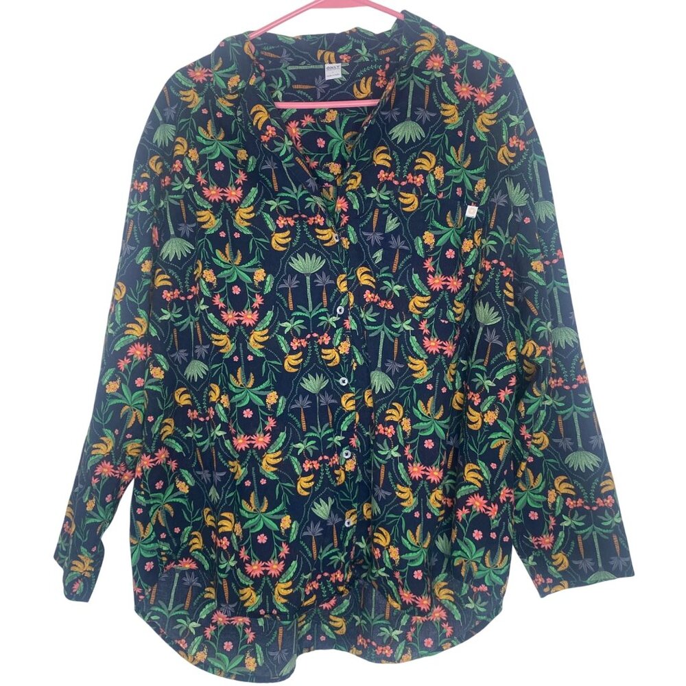 Old Navy‎ Long-Sleeve Button Up Shirt Size L Blue Tropical Banana & Floral Print